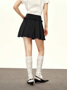 INAWLY Women's Black Striped Woven Sports Ballet Pleated Hem Mini Skirt, Spring/Summer - Black - View 5