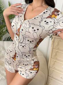 Cute Panda Allover Print Tight Fit Ladies Summer Jumpsuit Loungewear - Multicolor - View 5