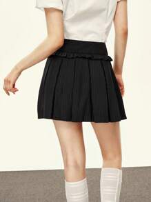 INAWLY Women's Black Striped Woven Sports Ballet Pleated Hem Mini Skirt, Spring/Summer - Black - View 4