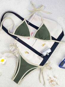 Conjunto de 2 piezas de bikini de tirantes finos: parte superior tipo halter con color contrastante y shorts de natación de amarrar a los lados, traje de baño de mujer de talla regular