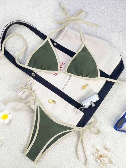 Swim Mod 2026 Vår/Sommar Dam Baddräkt, Spaghettibands Halterneck, Olivgrön + Beige Färgblockering, Sexig Semesterbikiniset med Sidoknytning