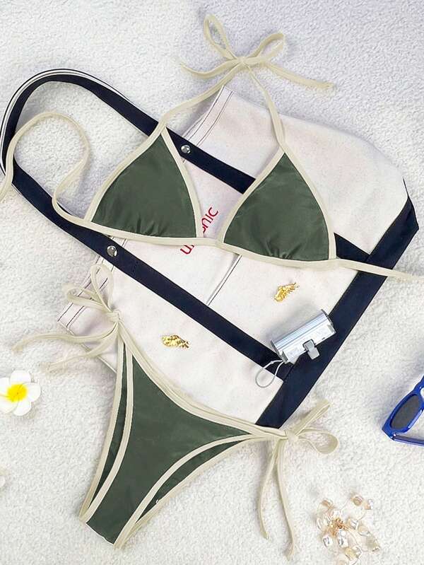 Conjunto de 2 piezas de bikini de tirantes finos: parte superior tipo halter con color contrastante y shorts de natación de amarrar a los lados, traje de baño de mujer de talla regular
