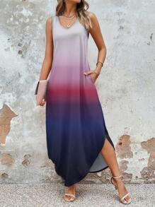 INAWLY Vestido longo casual de verão com decote em V e bainha em arco sem mangas