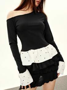 INAWLY Casual & Versatile Black Open Shoulder Ruffle Trim Long Sleeve Sweet & Cute Women Loose T-Shirt Fall Cloth For Women - Black - View 3