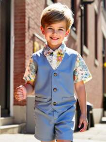 3 paquetes de conjuntos de camisa de solapa con estampado completo retro y artístico, chaleco y pantalones cortos de estilo deportivo informal para niños pequeños. Adecuado para fiestas de cumpleaños, fiestas de noche, actuaciones, bodas, bautizos, ceremonias de inauguración, uso diario, escuela, viajes, deportes, primavera y verano.