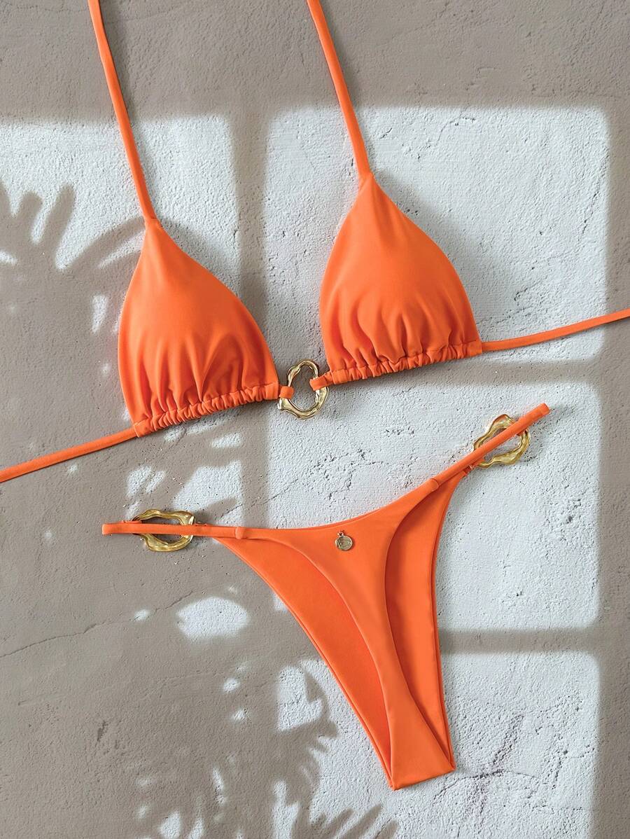 Swim Vcay Women's New Fashionable Solid Color Halter Backless Metal Decor Sexy Triangle Bikini Swimwear Set, Summer Beach - Orange - View 1