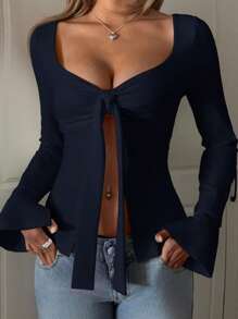 CovetEZ Women Solid Color Twist Front Slit Hem Long Sleeve Sexy T-Shirt,Rave Top - Royal Blue - View 6