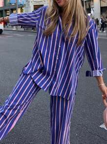 INAWLY Bộ áo sơ mi kẻ sọc rộng rãi thoải mái cho nữ và quần ống rộng, mùa thu - Màu xanh lam - Xem 2
