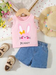 Rosa Trägershirt für Babys mit süßem Top mit Kaninchen Muster, gepaart mit mittelblauen, verwaschenen, lockeren Jeans-Shorts, alltagstaugliches Sommeroutfit, Osterelemente - Verschiedenfarbig - Übersicht 6