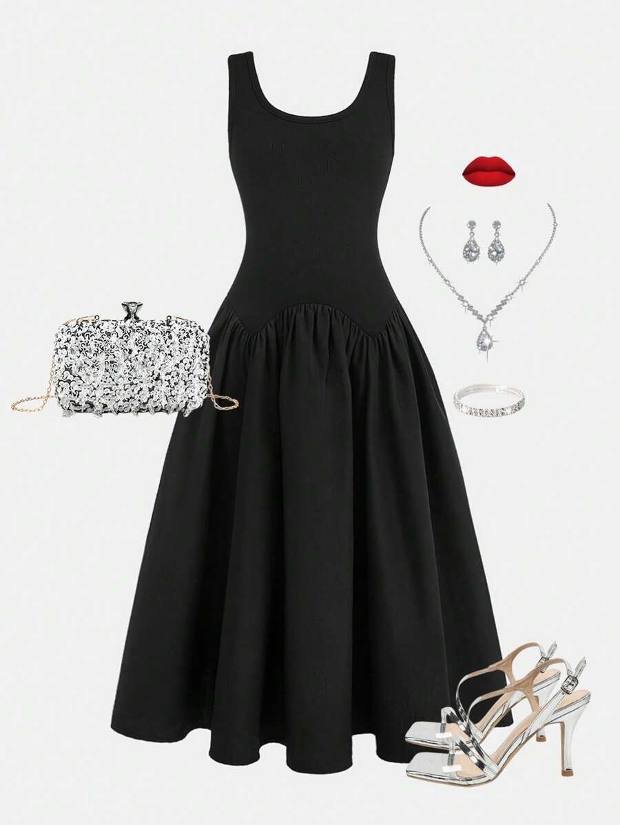SHEIN Tween Girls' Casual Minimalist Comfort Round Neck Sleeveless Patchwork Dress - Black - View 1