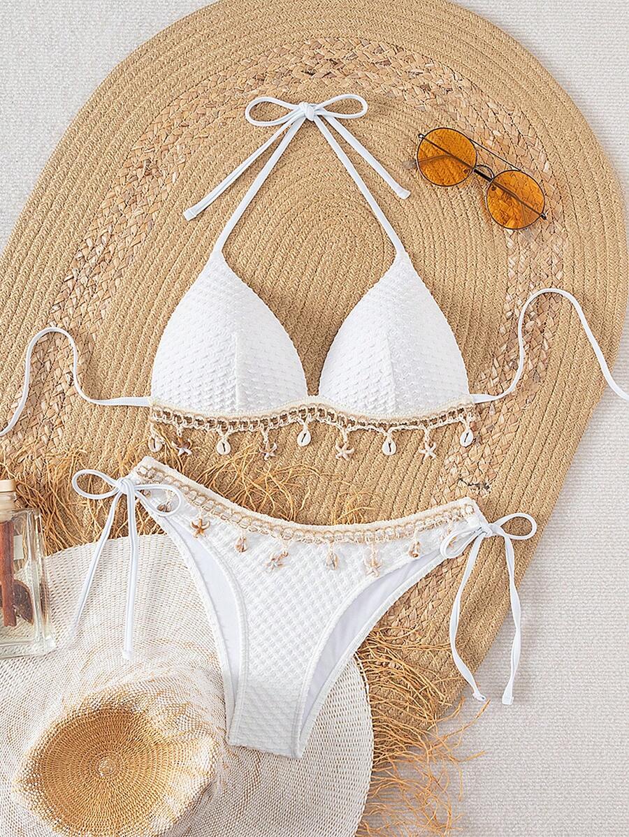 Swim Vcay Springbreak Solid Textured Fabric Shell Lanyard Decoration Halter Bikini Top & Tie-Up Triangle Bottoms, Summer Beach Party Women Bikini Set