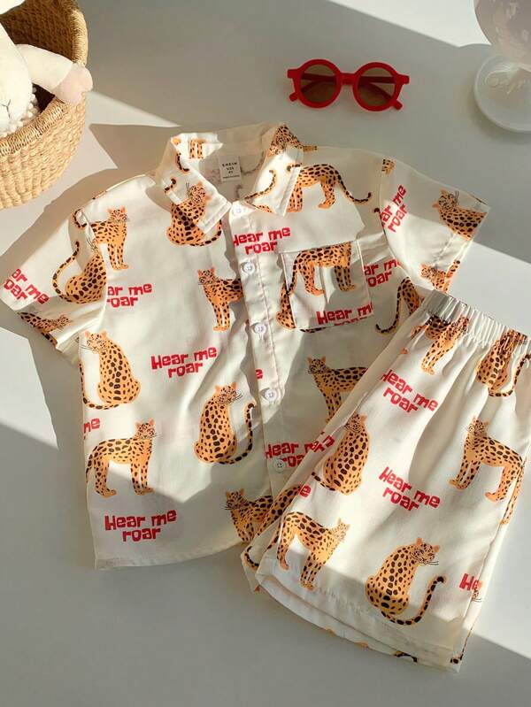 2pcs/Set Young Boys Fashionable, Cute, Comfortable, Versatile Daily Vacation Style, Minimalist Tiger Animal Pattern Lapel Short Sleeved Shirt And Shorts Set, Suitable For Spring And Summer Season, Daily Life, Sports, Campus, Gatherings, Festivals, Performances, Photography, Back To School Season