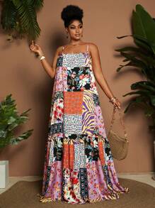 Maweii Plus Size Women Vacation Zebra Print Ruffle Hem Spaghetti Strap Dress - Multicolor - View 3