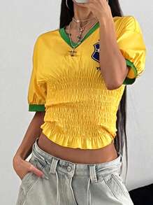 SHEIN EZwear Women's Contrast Color Block Printed Cinched Waist T-Shirt - Yellow - View 1