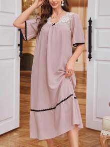 French Elegant Lace Patchwork Loose Long Nightgown For Women