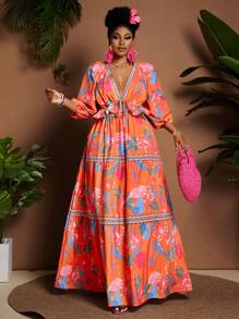 Maweii Plus Size Women Holiday Floral Print Lantern Sleeve Knot Front Blouse And Ruffled Hem Midi Skirt 2 Pieces Set