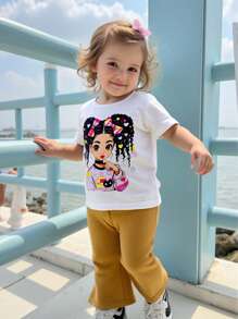 2pcs Baby Girls Cartoon Print Short Sleeve T-Shirt + Solid Color Flared Pants Set - Multicolor - View 1