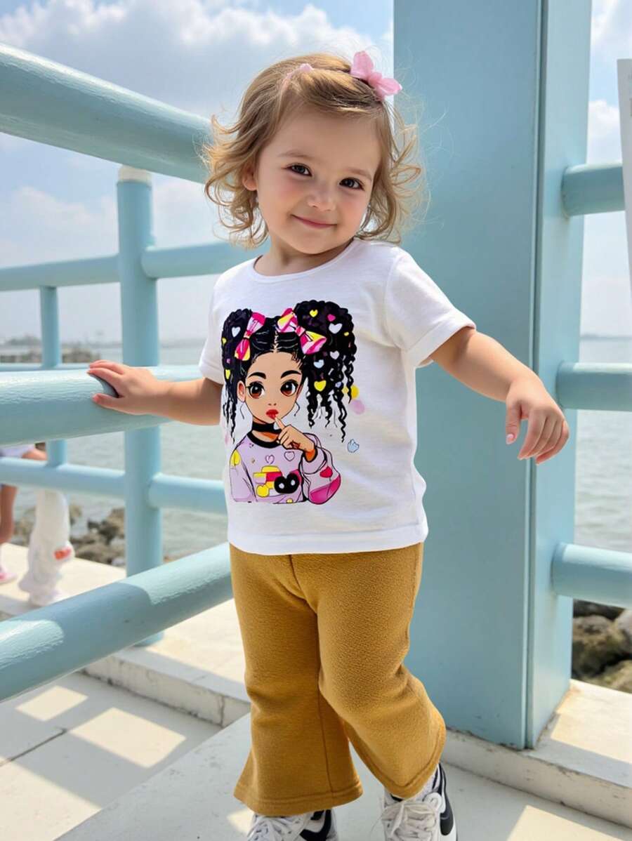 2pcs Baby Girls Cartoon Print Short Sleeve T-Shirt + Solid Color Flared Pants Set - Multicolor - View 1