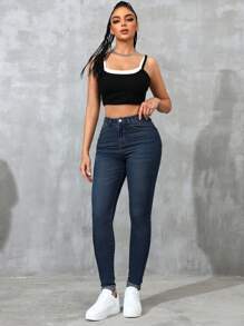 Women's Slim Fit Casual Jeans With Pockets - Dark Wash - View 4