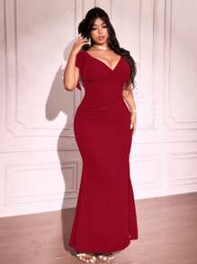 Viva Relle Plus Size Elegante Effen Kleur Ruffle Twist Slit Fishtail Jurk