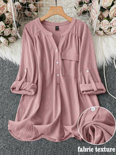 DreamSkyne 大码纯色 V 领带口袋休闲卷袖衬衫