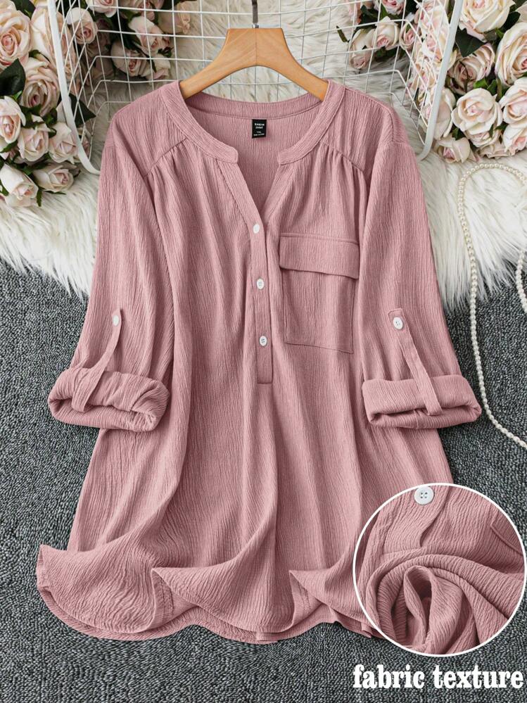 SHEIN Clasi Chemise décontracté à manches retroussées avec col V et poche, couleur unie, grande taille - Rose orangé - Voir 1