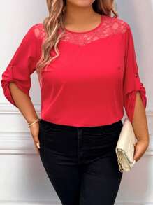 EMERY ROSE Plus Size Casual Enfärgad spetspanel blus med upprullbar ärm - Röd - Visa 5