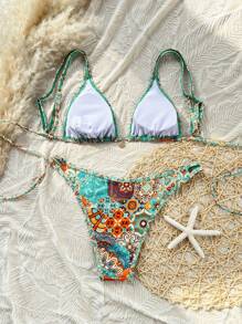 SHEIN Swim Vcay 女士热带印花性感两件套比基尼套装，带可调节肩带 - 彩色 - 查看 3