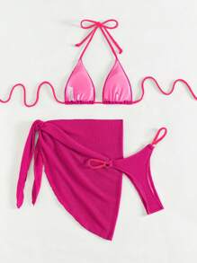 SHEIN Swim 女士夏季海滩纯色吊带性感比基尼泳装套装，带罩衫和裙子，3 件套，特殊面料 - 玫紅色 - 查看 2