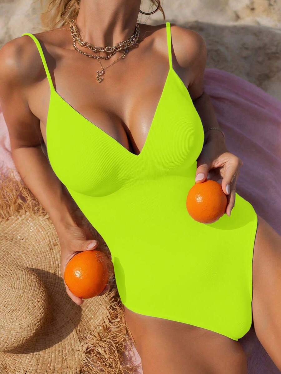 Swim Vcay Women's Neon Green Sexy Deep V Spaghetti Strap One-Piece Swimsuit, Vacation For Summer