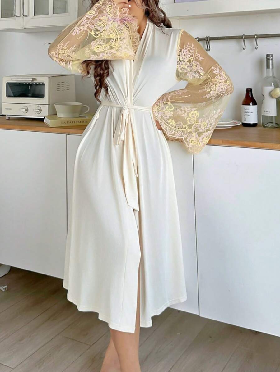 Elegant Lace Trim Color-Blocking Sexy Women's Sleepwear Robe