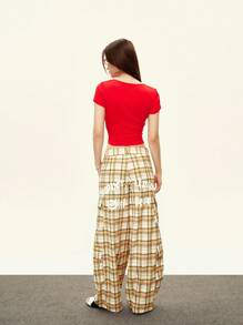 Rina Fox Top court à rayures et blocs de couleurs croisées, style casual pour femmes en été - Rouge - Voir 5