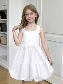 Tween 女童优雅方领无袖天鹅绒束腰蝴蝶结 A 字形连衣裙 - 白色 - 查看 1