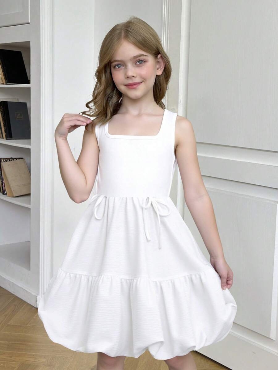 Tween 女童优雅方领无袖天鹅绒束腰蝴蝶结 A 字形连衣裙 - 白色 - 查看 1