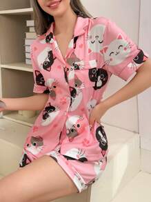 Dream Adore Conjunto de pijama de mujer con estampado de animales en todo el diseño y cuello con solapa