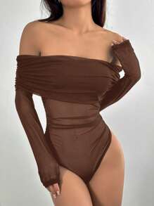 SHEIN EZwear Body de mujer con hombros descubiertos de malla transparente - Marrón - Ver 3