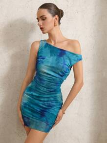 Aveloria Sexy Vacation Tie-Dye Color Asymmetric Neck Ruched Bodycon Mini Knit Mesh Dress Elegant Fashionable Style For Summer - Multicolor - View 3