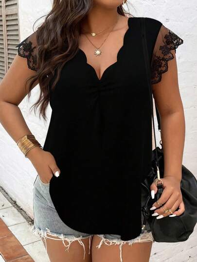 EMERY ROSE Kvinnor Plus Size Blommig spetskrage Splicing Kortärmad Topp, mångsidig