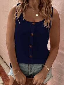 SHEIN Camiseta sin mangas con cuello redondo y decoración de botones para mujer de talla grande - Azul Marino - Ver 3