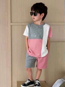 2 Pieces Set Young Boys Casual Sports College Artistic Style Retro Multi-Color Stitching Round Neck T-Shirt And Shorts Suit Suitable For Young Boy Clothing Young Boy Clothes Back To School Boy Suit Suitable For Birthday Parties, Evening Parties, Performances, Weddings, Baptisms, Opening Ceremonies, Daily Suitable For School Suitable For Travel Suitable For Vacation Suitable For Spring And Summer - Pink - View 2