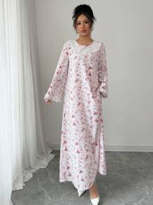 Al Najma 女式梭织印花花朵领口和袖口边缘拼接宽松长袖阿拉伯长裙，端庄 - 粉色 - 查看 6