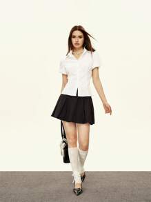 Rina Fox 女士纯色短袖单排扣休闲/正装衬衫 - 白色 - 查看 2