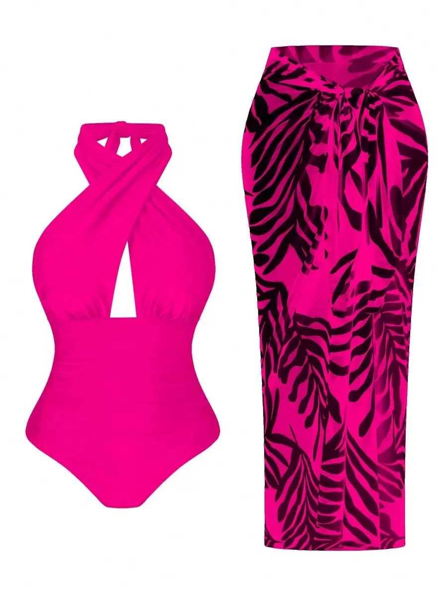 Swim Oasis 2pcs Plus Size Women Halter Backless One Piece Swimsuit With Random Printed Long Beach Cover-Up Skirt, Vacation Beachwear Set For Summer - Pink - View 1