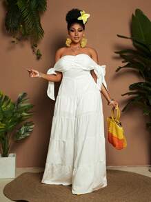 Maweii Plus Size Women's Solid Color Off-Shoulder Wide Leg Jumpsuit, Fashionable & Vacation Style - White - View 5