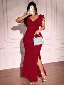 Viva Relle Plus Size Elegante Effen Kleur Ruffle Twist Slit Fishtail Jurk