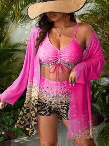 Swim Lushoire Conjunto de bikini sexy de talla grande con estampado de leopardo y lazo delantero, con kimono como cobertura, para la playa de verano