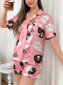 Dream Adore Conjunto de pijama de mujer con estampado de animales en todo el diseño y cuello con solapa