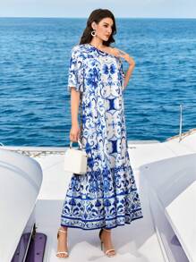 Al Najma Damen Lässig Urlaubs Kleid mit blau-weißem Muster und asymmetrischem Kragen - Blau-Weiß - Übersicht 4