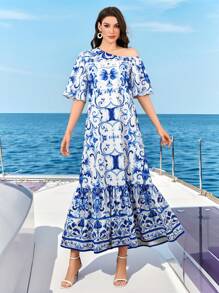 Al Najma Damen Lässig Urlaubs Kleid mit blau-weißem Muster und asymmetrischem Kragen - Blau-Weiß - Übersicht 2