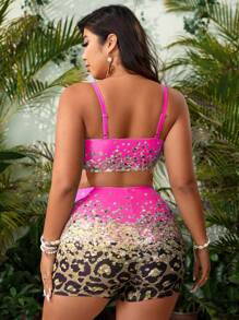 Swim Lushoire Conjunto de bikini sexy de talla grande con estampado de leopardo y lazo delantero, con kimono como cobertura, para la playa de verano